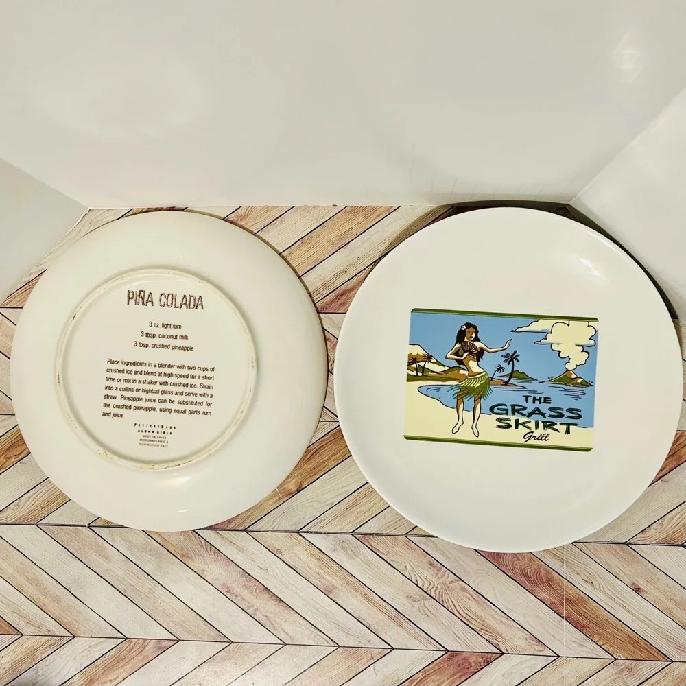 Pottery Barn Aloha Girls Plates Set 2 Hula Tiki Cocktail Recipe Vintage Retro